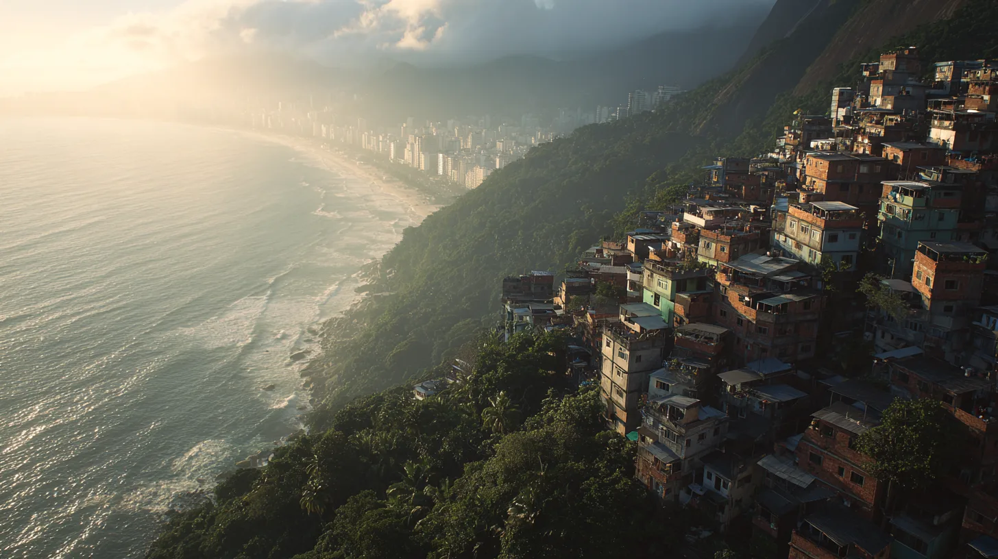 Aerial drone view of Vidigal favela cascading down toward Ipanema beach