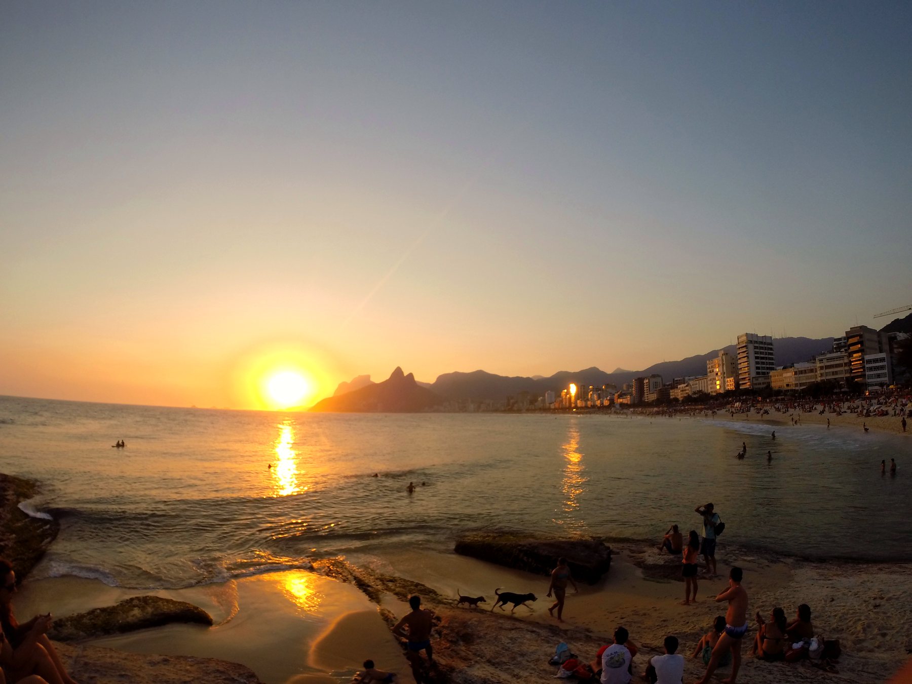 Ipanema beach at sunset from Arpoador with Dois Irmãos in the background